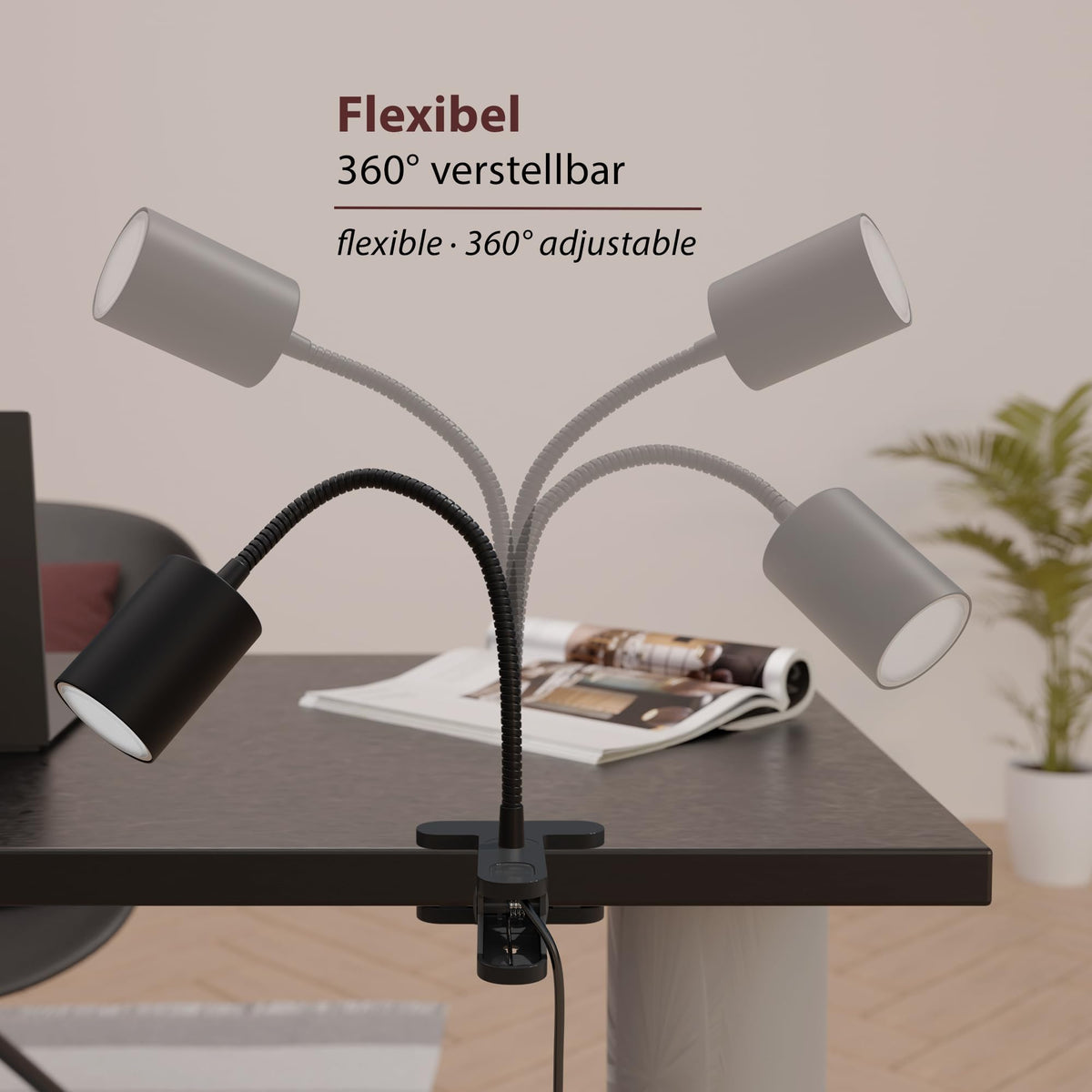 ledscom.de Klemmleuchte WAIKA mit Schwanenhals und Schalter schwarz matt, inkl. GU10 LED Lampe (warmweiß, 4,914W, 450lm, 100°)