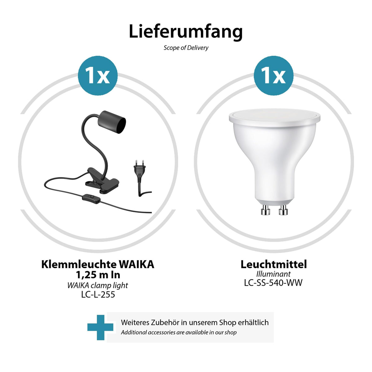 ledscom.de Klemmleuchte WAIKA mit Schwanenhals und Schalter schwarz matt, inkl. GU10 LED Lampe (warmweiß, 4,914W, 450lm, 100°)