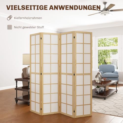 HOMCOM Paravent Raumteiler für Wohnzimmer 4-teilig 160 x 170 cm Natur