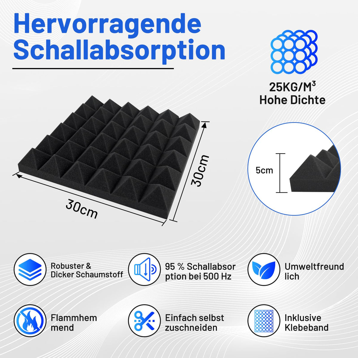 24 Stück Akustikschaumstoff Schallschutzplatten, 5 X 30 X 30 CM Schalldämmung Akustikpaneele, Schallschutz Akustikschaumstoff, Akustik Schaumstoffplatten für Aufnahmestudio, Heimbüro, Spielzimmer