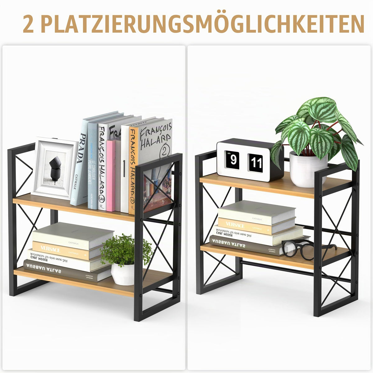 Alyoen Schreibtisch Regal, 2 Etagen Kleines Regal Desk Shelf aus Holz und Metall, Bücherregal Schreibtisch Organizer für Wohnzimmer, Schlafzimmer, Küche und Büro