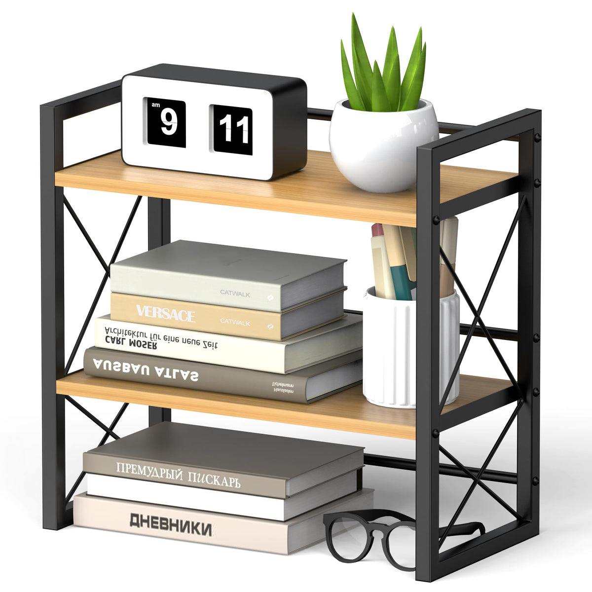 Alyoen Schreibtisch Regal, 2 Etagen Kleines Regal Desk Shelf aus Holz und Metall, Bücherregal Schreibtisch Organizer für Wohnzimmer, Schlafzimmer, Küche und Büro