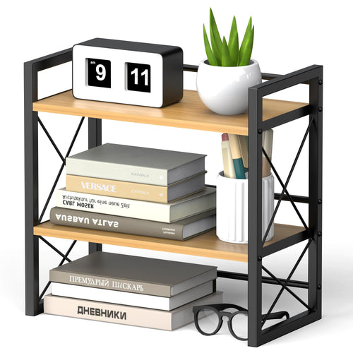 Alyoen Schreibtisch Regal, 2 Etagen Kleines Regal Desk Shelf aus Holz und Metall, Bücherregal Schreibtisch Organizer für Wohnzimmer, Schlafzimmer, Küche und Büro