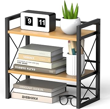 Alyoen Schreibtisch Regal, 2 Etagen Kleines Regal Desk Shelf aus Holz und Metall, Bücherregal Schreibtisch Organizer für Wohnzimmer, Schlafzimmer, Küche und Büro
