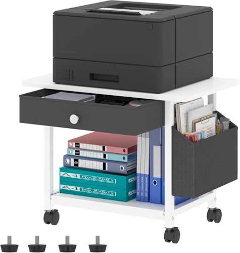Druckertisch mit Rollen, Mobiler Druckerständer Schreibtisch mit Stoffschublade, Druckerwagen für den Schreibtisc, Home Office Druckerhalter Büro Druckerwagen Drucker Regal, Printer Stand (2 Reifen)