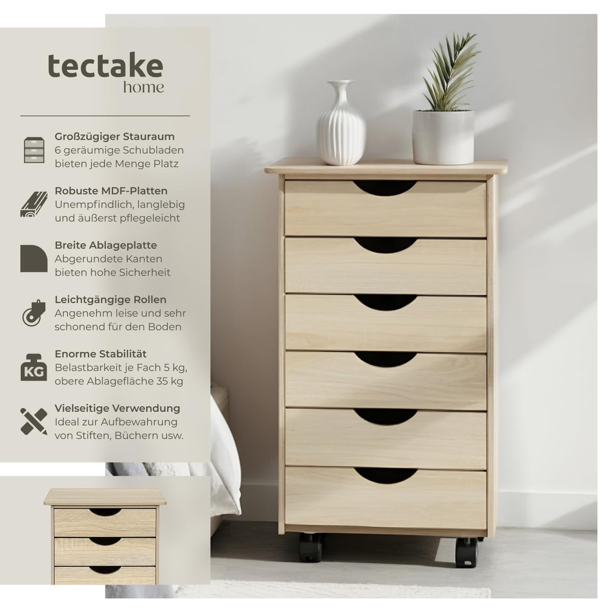 tectake® Rollcontainer mit Schubladen, Schubladenschrank 6x Schublade, mit Rollen, Büro Organizer, Schreibtisch Schrank, Rollwagen Unterschrank, Aufbewahrungsschrank Office - Holz hell, Eiche Sonoma