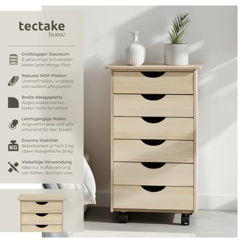 tectake® Rollcontainer mit Schubladen, Schubladenschrank 6x Schublade, mit Rollen, Büro Organizer, Schreibtisch Schrank, Rollwagen Unterschrank, Aufbewahrungsschrank Office - Holz hell, Eiche Sonoma