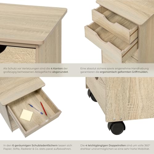 tectake® Rollcontainer mit Schubladen, Schubladenschrank 6x Schublade, mit Rollen, Büro Organizer, Schreibtisch Schrank, Rollwagen Unterschrank, Aufbewahrungsschrank Office - Holz hell, Eiche Sonoma