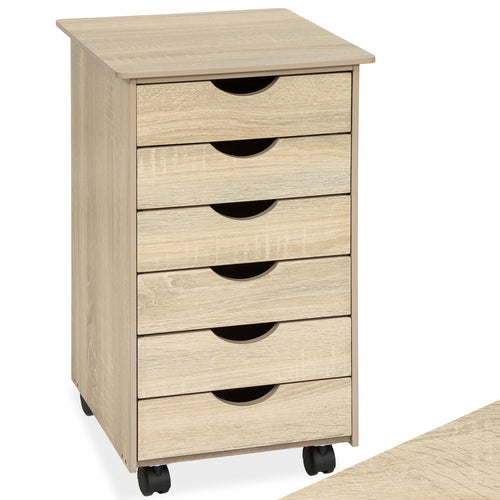 tectake® Rollcontainer mit Schubladen, Schubladenschrank 6x Schublade, mit Rollen, Büro Organizer, Schreibtisch Schrank, Rollwagen Unterschrank, Aufbewahrungsschrank Office - Holz hell, Eiche Sonoma