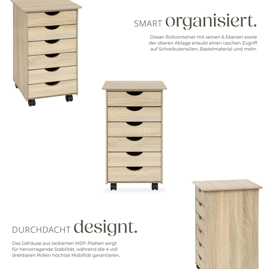 tectake® Rollcontainer mit Schubladen, Schubladenschrank 6x Schublade, mit Rollen, Büro Organizer, Schreibtisch Schrank, Rollwagen Unterschrank, Aufbewahrungsschrank Office - Holz hell, Eiche Sonoma