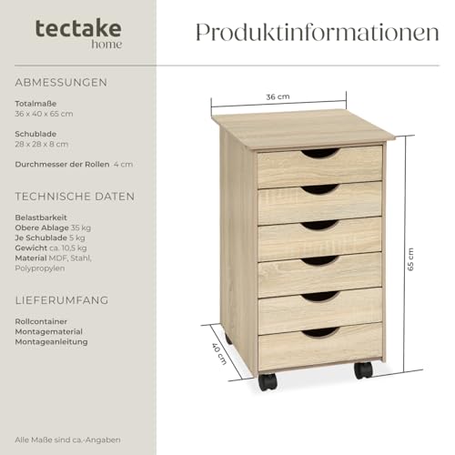 tectake® Rollcontainer mit Schubladen, Schubladenschrank 6x Schublade, mit Rollen, Büro Organizer, Schreibtisch Schrank, Rollwagen Unterschrank, Aufbewahrungsschrank Office - Holz hell, Eiche Sonoma