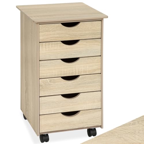 tectake® Rollcontainer mit Schubladen, Schubladenschrank 6x Schublade, mit Rollen, Büro Organizer, Schreibtisch Schrank, Rollwagen Unterschrank, Aufbewahrungsschrank Office - Holz hell, Eiche Sonoma