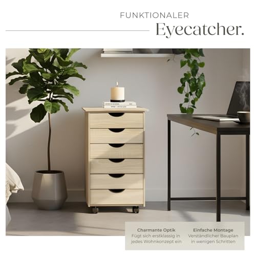 tectake® Rollcontainer mit Schubladen, Schubladenschrank 6x Schublade, mit Rollen, Büro Organizer, Schreibtisch Schrank, Rollwagen Unterschrank, Aufbewahrungsschrank Office - Holz hell, Eiche Sonoma