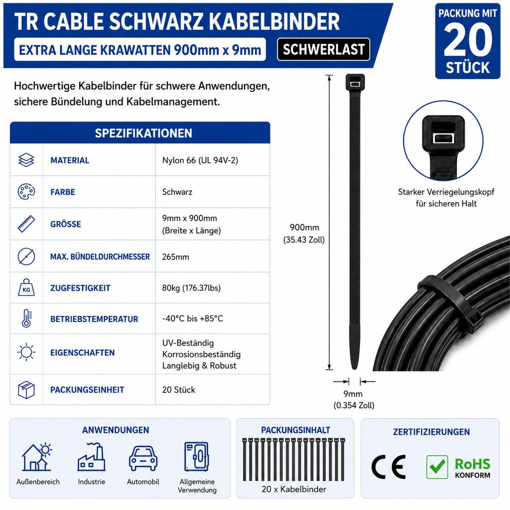Kabelbinder Schwarz 900mm x 9mm Extra Lang Schwerlast Nylon 66 Kabelbinder UV Beständig Für Industrie Werkstatt Garten Kabelmanagement 20 Stück