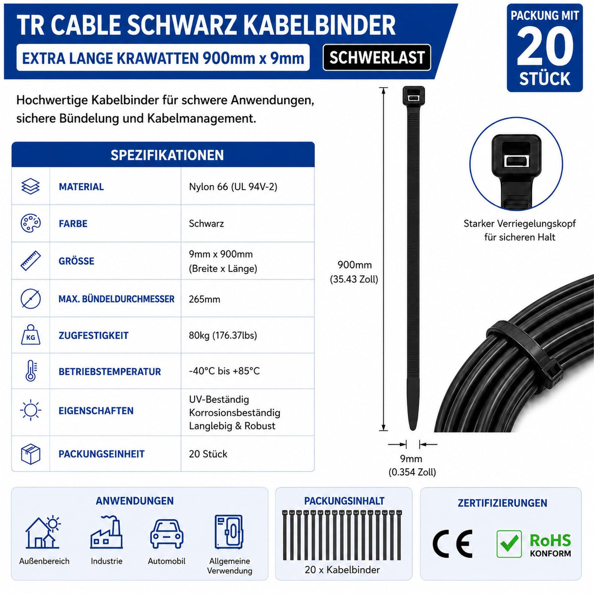 Kabelbinder Schwarz 900mm x 9mm Extra Lang Schwerlast Nylon 66 Kabelbinder UV Beständig Für Industrie Werkstatt Garten Kabelmanagement 20 Stück