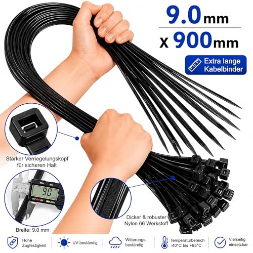 Kabelbinder Schwarz 900mm x 9mm Extra Lang Schwerlast Nylon 66 Kabelbinder UV Beständig Für Industrie Werkstatt Garten Kabelmanagement 20 Stück