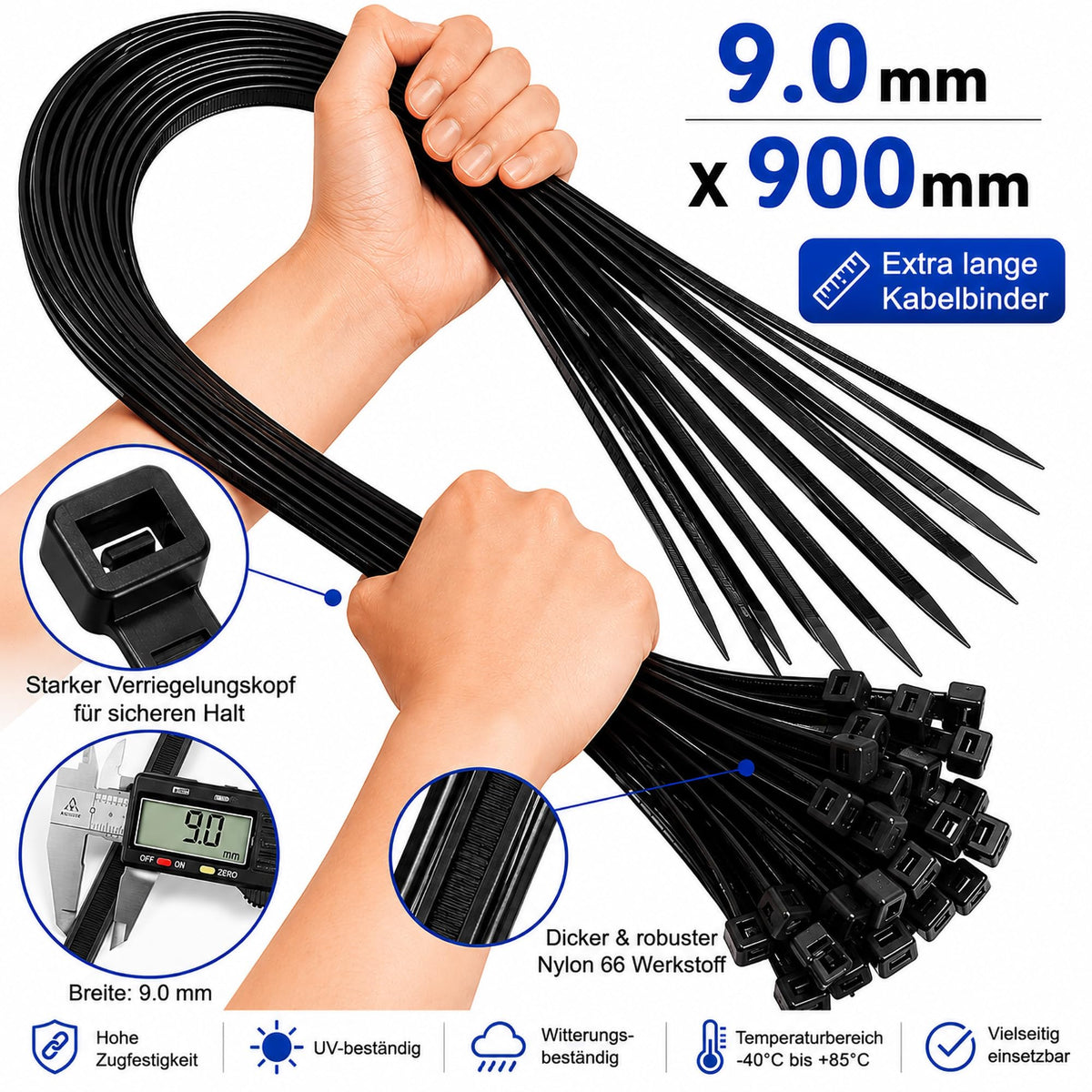 Kabelbinder Schwarz 900mm x 9mm Extra Lang Schwerlast Nylon 66 Kabelbinder UV Beständig Für Industrie Werkstatt Garten Kabelmanagement 20 Stück