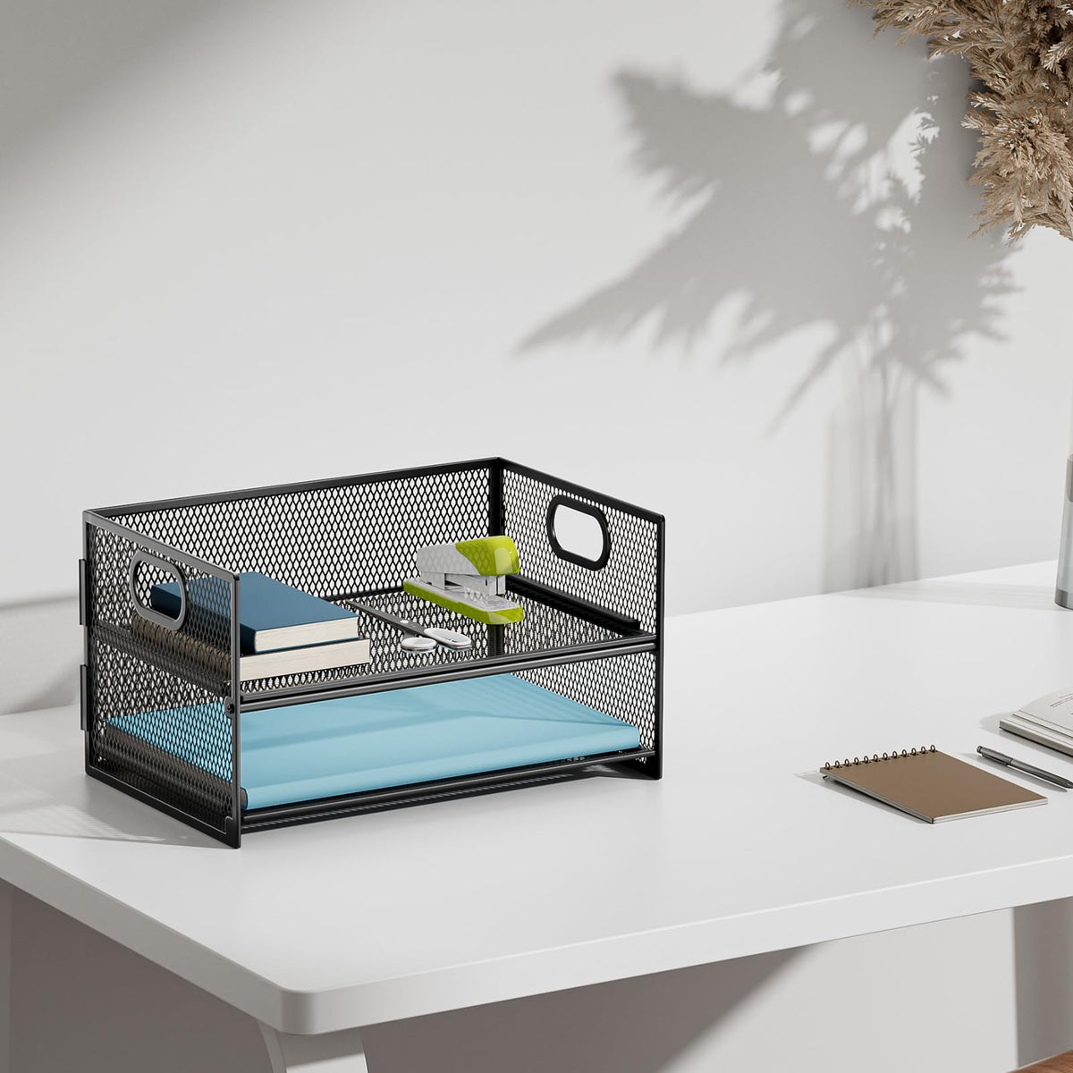 Marbrasse 2-Fächer Schreibtisch Briefablage mit Griff,Ablagefächer Stapelbar Organizer Ablagehalter,Desktop Ordner,A4 Papierschale,Magazin und Dokumentenhalter für Büro Zuhause Schulbedarf (Schwarz)