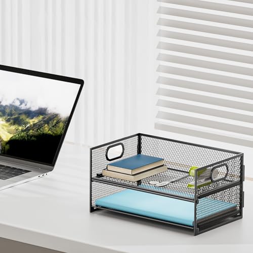 Marbrasse 2-Fächer Schreibtisch Briefablage mit Griff,Ablagefächer Stapelbar Organizer Ablagehalter,Desktop Ordner,A4 Papierschale,Magazin und Dokumentenhalter für Büro Zuhause Schulbedarf (Schwarz)