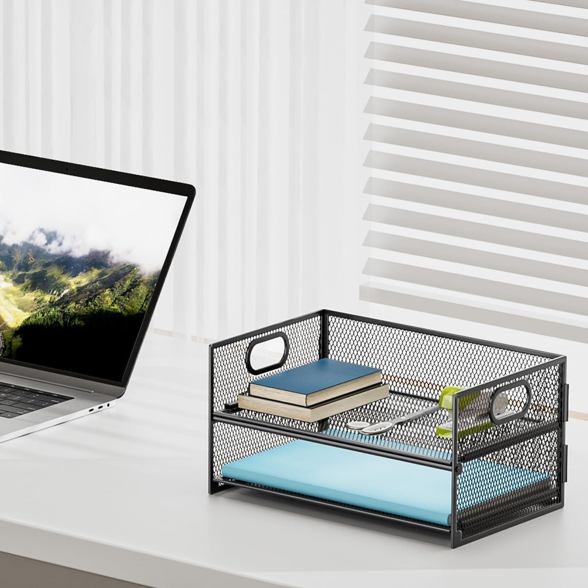 Marbrasse 2-Fächer Schreibtisch Briefablage mit Griff,Ablagefächer Stapelbar Organizer Ablagehalter,Desktop Ordner,A4 Papierschale,Magazin und Dokumentenhalter für Büro Zuhause Schulbedarf (Schwarz)