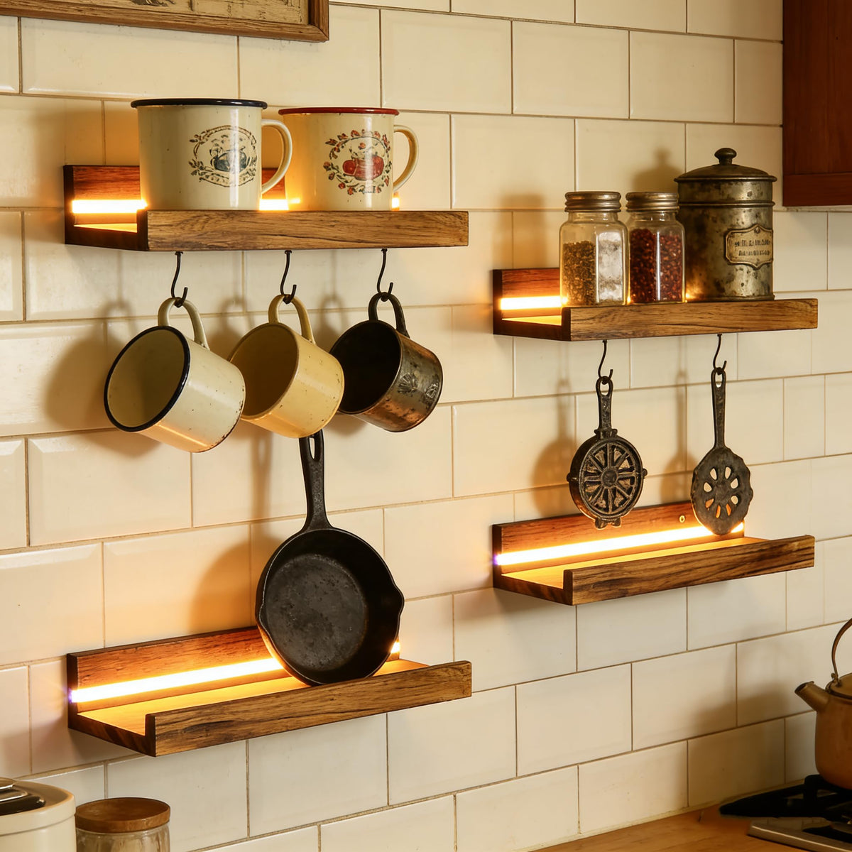 4 Stück Wandregal Floating mit LED Lichterkette, Regale Holzfarbe Wand 40cm Floating Shelf Regal Wand Schweberegal Holz Board Regalbrett Hängeregal Bilderleiste Holz für Wohnzimmer Schlafzimmer Küche