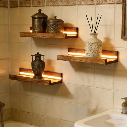4 Stück Wandregal Floating mit LED Lichterkette, Regale Holzfarbe Wand 40cm Floating Shelf Regal Wand Schweberegal Holz Board Regalbrett Hängeregal Bilderleiste Holz für Wohnzimmer Schlafzimmer Küche