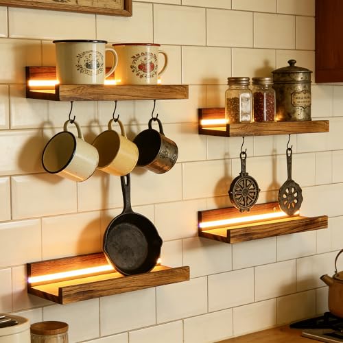 4 Stück Wandregal Floating mit LED Lichterkette, Regale Holzfarbe Wand 40cm Floating Shelf Regal Wand Schweberegal Holz Board Regalbrett Hängeregal Bilderleiste Holz für Wohnzimmer Schlafzimmer Küche
