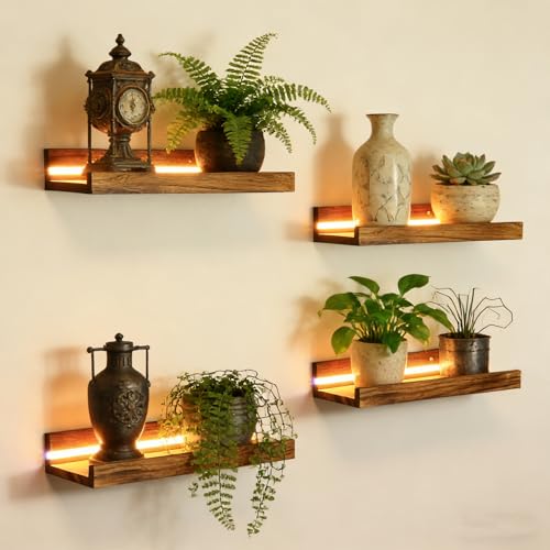 4 Stück Wandregal Floating mit LED Lichterkette, Regale Holzfarbe Wand 40cm Floating Shelf Regal Wand Schweberegal Holz Board Regalbrett Hängeregal Bilderleiste Holz für Wohnzimmer Schlafzimmer Küche