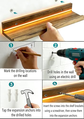4 Stück Wandregal Floating mit LED Lichterkette, Regale Holzfarbe Wand 40cm Floating Shelf Regal Wand Schweberegal Holz Board Regalbrett Hängeregal Bilderleiste Holz für Wohnzimmer Schlafzimmer Küche