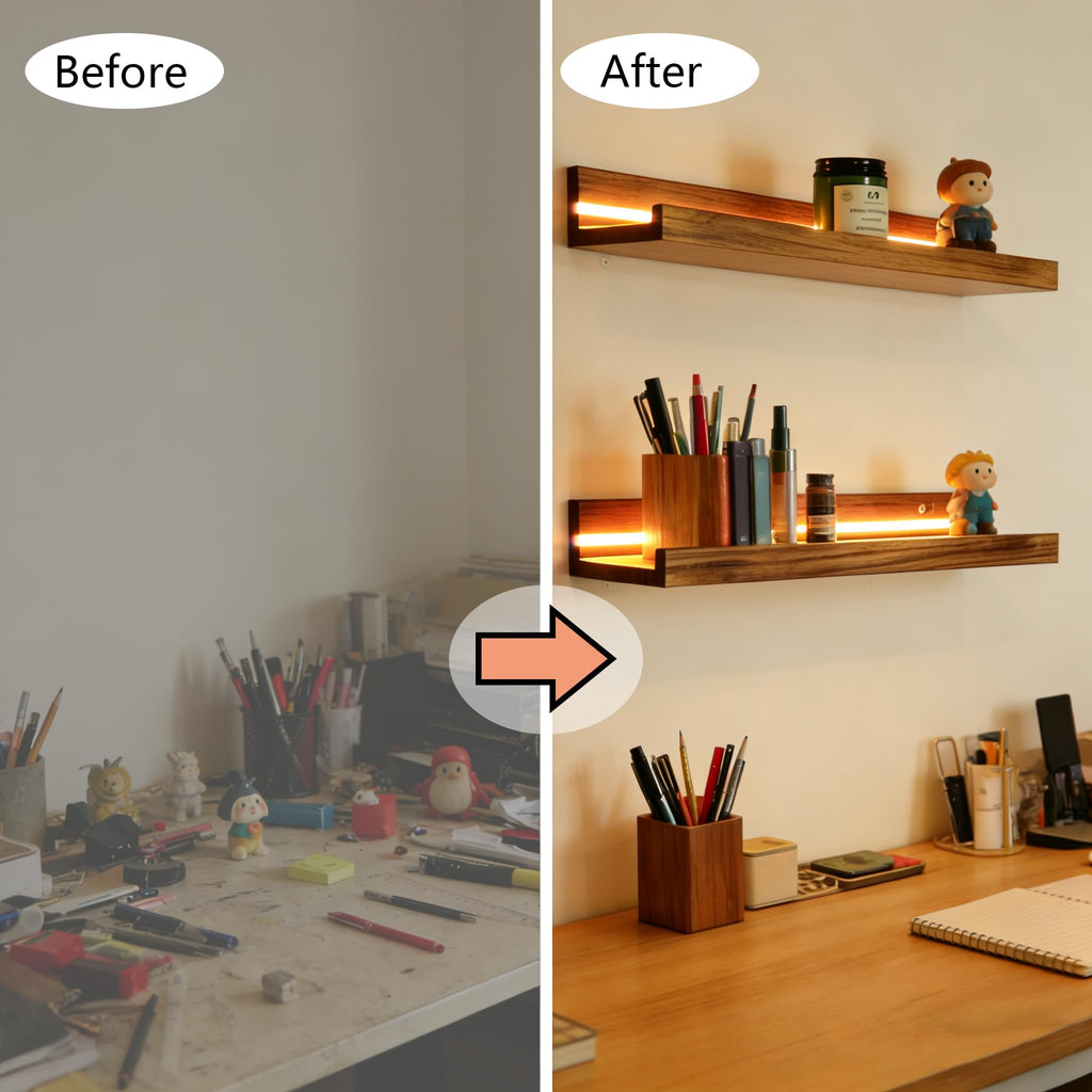 4 Stück Wandregal Floating mit LED Lichterkette, Regale Holzfarbe Wand 40cm Floating Shelf Regal Wand Schweberegal Holz Board Regalbrett Hängeregal Bilderleiste Holz für Wohnzimmer Schlafzimmer Küche