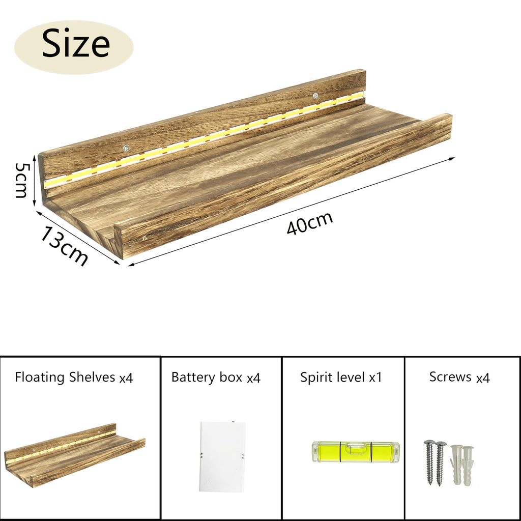 4 Stück Wandregal Floating mit LED Lichterkette, Regale Holzfarbe Wand 40cm Floating Shelf Regal Wand Schweberegal Holz Board Regalbrett Hängeregal Bilderleiste Holz für Wohnzimmer Schlafzimmer Küche