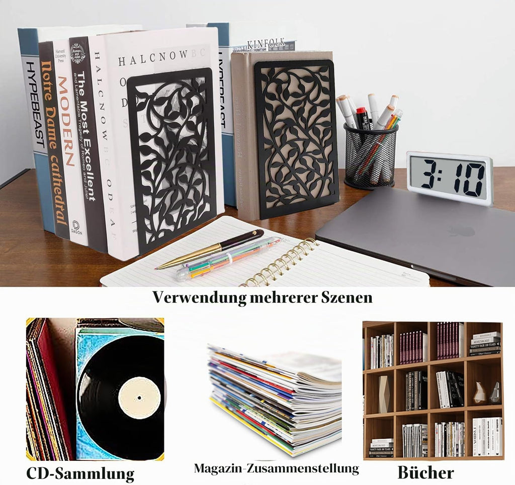Metall Buchstützen, Schwarz Buchhalter Regal-Bookend Holder mit rutschfeste Bücherstopper für Schule Zuhause Büro (1 Paar)