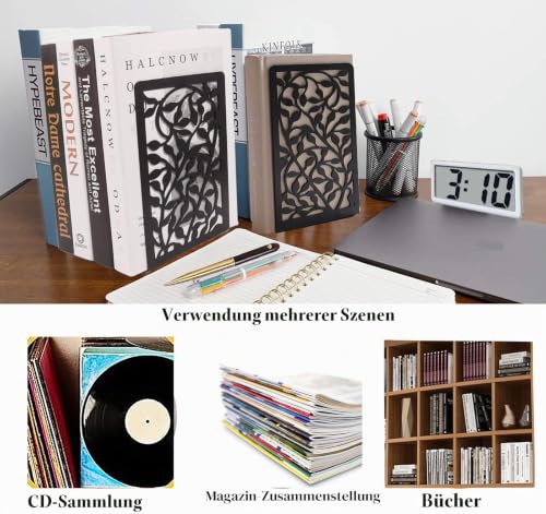 Metall Buchstützen, Schwarz Buchhalter Regal-Bookend Holder mit rutschfeste Bücherstopper für Schule Zuhause Büro (1 Paar)
