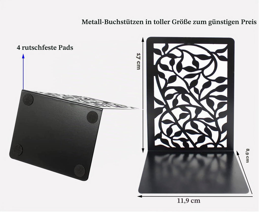 Metall Buchstützen, Schwarz Buchhalter Regal-Bookend Holder mit rutschfeste Bücherstopper für Schule Zuhause Büro (1 Paar)