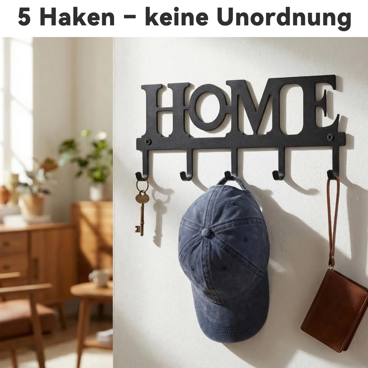 Wandhalterung für Schlüssel mit 5 Haken, Metall-Schlüsselhalter „Home” für die Wand, dekorativer Schlüsselhalter für den Eingangsbereich, Flur und Hauswirtschaftsraum, Einzugsgeschenk, schwarz