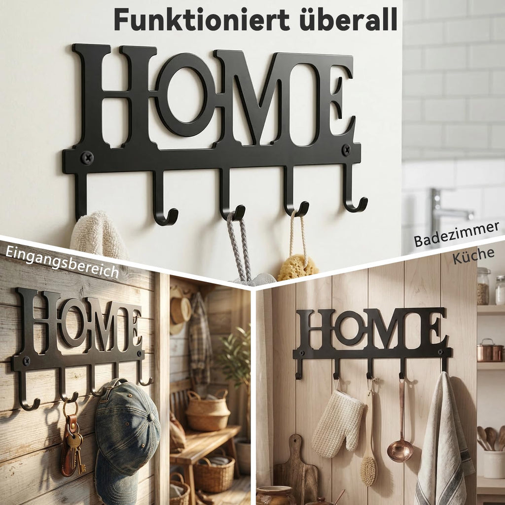 Wandhalterung für Schlüssel mit 5 Haken, Metall-Schlüsselhalter „Home” für die Wand, dekorativer Schlüsselhalter für den Eingangsbereich, Flur und Hauswirtschaftsraum, Einzugsgeschenk, schwarz