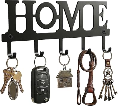 Wandhalterung für Schlüssel mit 5 Haken, Metall-Schlüsselhalter „Home” für die Wand, dekorativer Schlüsselhalter für den Eingangsbereich, Flur und Hauswirtschaftsraum, Einzugsgeschenk, schwarz