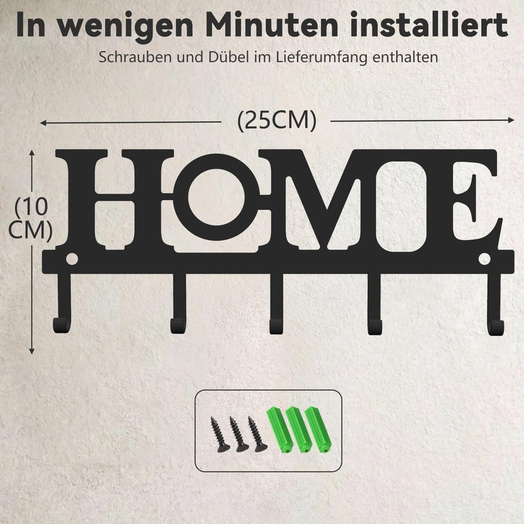 Wandhalterung für Schlüssel mit 5 Haken, Metall-Schlüsselhalter „Home” für die Wand, dekorativer Schlüsselhalter für den Eingangsbereich, Flur und Hauswirtschaftsraum, Einzugsgeschenk, schwarz