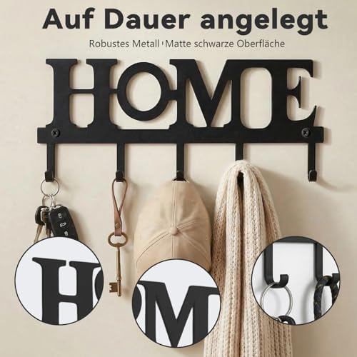 Wandhalterung für Schlüssel mit 5 Haken, Metall-Schlüsselhalter „Home” für die Wand, dekorativer Schlüsselhalter für den Eingangsbereich, Flur und Hauswirtschaftsraum, Einzugsgeschenk, schwarz