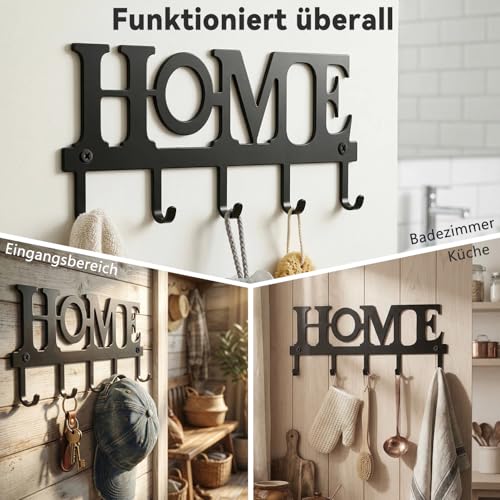 Wandhalterung für Schlüssel mit 5 Haken, Metall-Schlüsselhalter „Home” für die Wand, dekorativer Schlüsselhalter für den Eingangsbereich, Flur und Hauswirtschaftsraum, Einzugsgeschenk, schwarz