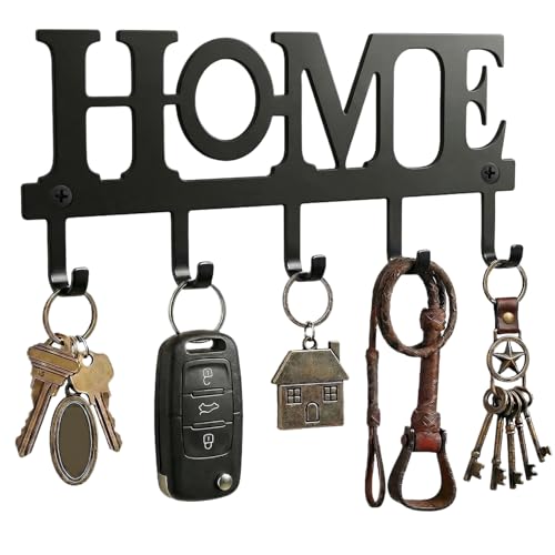 Wandhalterung für Schlüssel mit 5 Haken, Metall-Schlüsselhalter „Home” für die Wand, dekorativer Schlüsselhalter für den Eingangsbereich, Flur und Hauswirtschaftsraum, Einzugsgeschenk, schwarz
