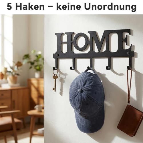 Wandhalterung für Schlüssel mit 5 Haken, Metall-Schlüsselhalter „Home” für die Wand, dekorativer Schlüsselhalter für den Eingangsbereich, Flur und Hauswirtschaftsraum, Einzugsgeschenk, schwarz