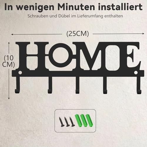 Wandhalterung für Schlüssel mit 5 Haken, Metall-Schlüsselhalter „Home” für die Wand, dekorativer Schlüsselhalter für den Eingangsbereich, Flur und Hauswirtschaftsraum, Einzugsgeschenk, schwarz