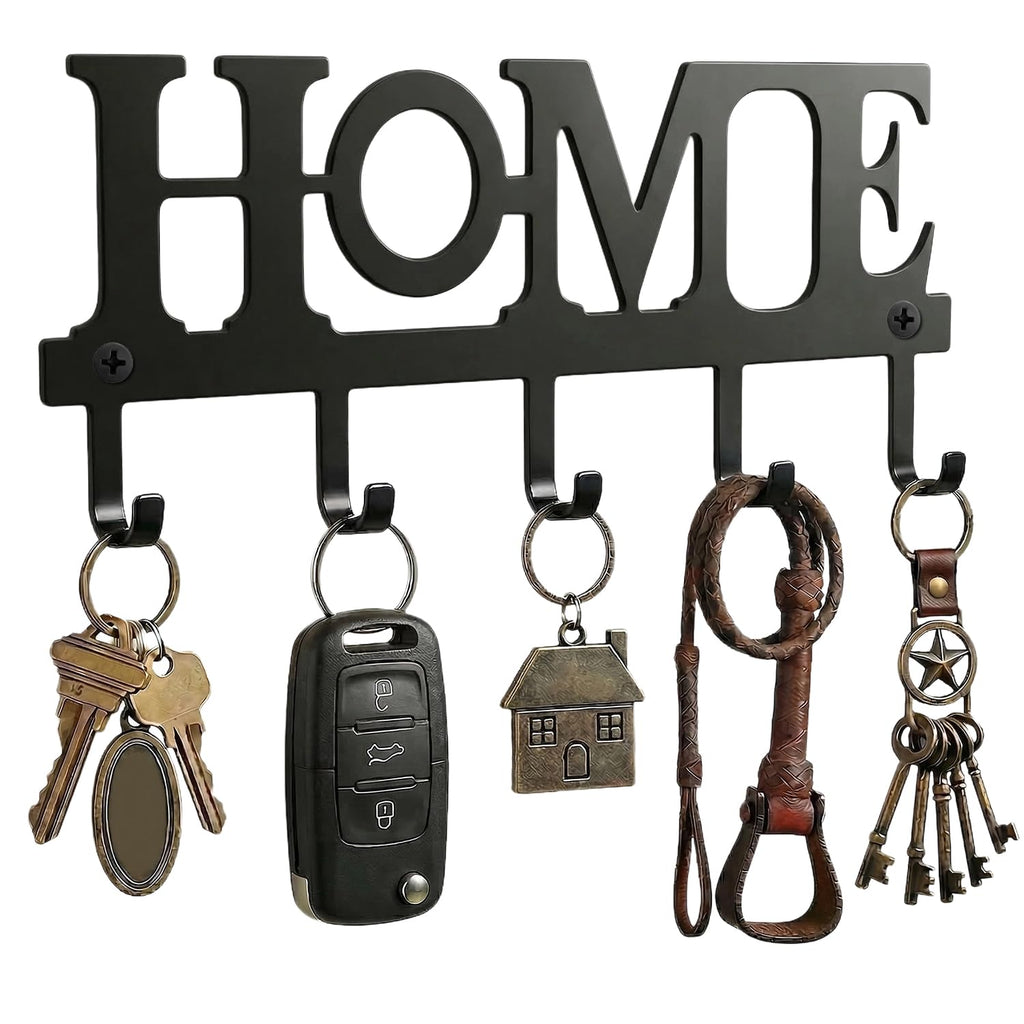 Wandhalterung für Schlüssel mit 5 Haken, Metall-Schlüsselhalter „Home” für die Wand, dekorativer Schlüsselhalter für den Eingangsbereich, Flur und Hauswirtschaftsraum, Einzugsgeschenk, schwarz