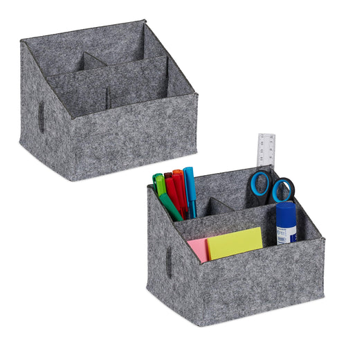 Relaxdays Schreibtisch Organizer, Filz, 2er Set, 3 Fächer, H x B x T: 14 x 18 x 14,5 cm, Ordnungssystem fürs Büro, grau