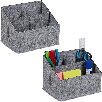 Relaxdays Schreibtisch Organizer, Filz, 2er Set, 3 Fächer, H x B x T: 14 x 18 x 14,5 cm, Ordnungssystem fürs Büro, grau