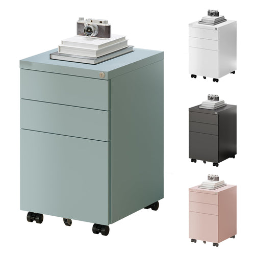 FlexiSpot Rollcontainer mit 3 Schubladen, mobiler Aktenschrank mit Rollen, Schubladenschrank Büroschrank Schreibtisch Unterschrank mit Schlüsselschloss und Anti Kipp für Büro Zuhause, Grau Blau