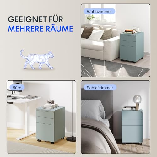 FlexiSpot Rollcontainer mit 3 Schubladen, mobiler Aktenschrank mit Rollen, Schubladenschrank Büroschrank Schreibtisch Unterschrank mit Schlüsselschloss und Anti Kipp für Büro Zuhause, Grau Blau