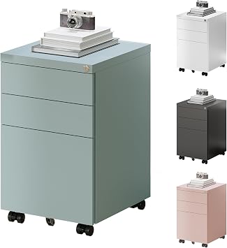 FlexiSpot Rollcontainer mit 3 Schubladen, mobiler Aktenschrank mit Rollen, Schubladenschrank Büroschrank Schreibtisch Unterschrank mit Schlüsselschloss und Anti Kipp für Büro Zuhause, Grau Blau