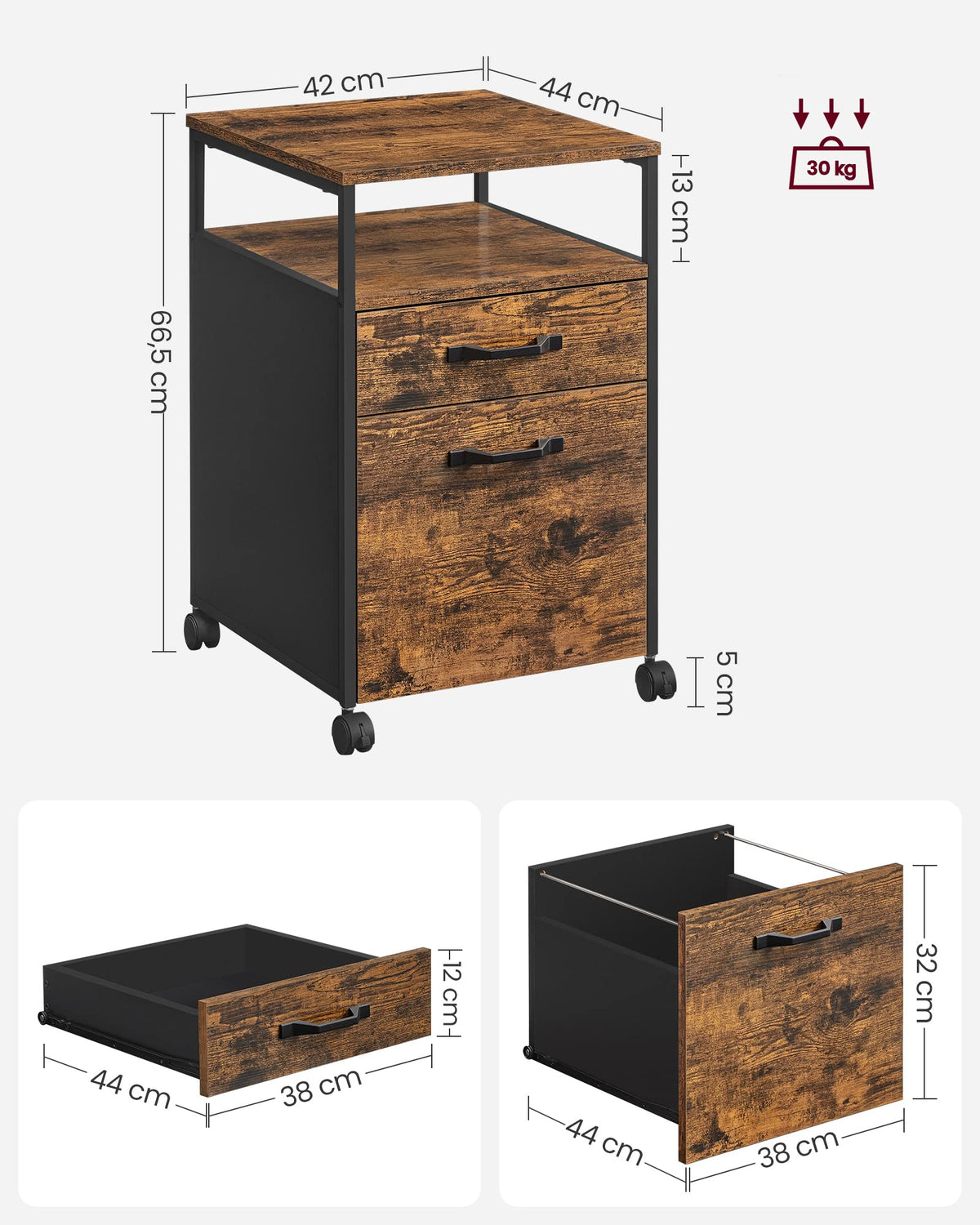 VASAGLE Rollcontainer, Aktenschrank mit 2 Schubladen, mit Rollen